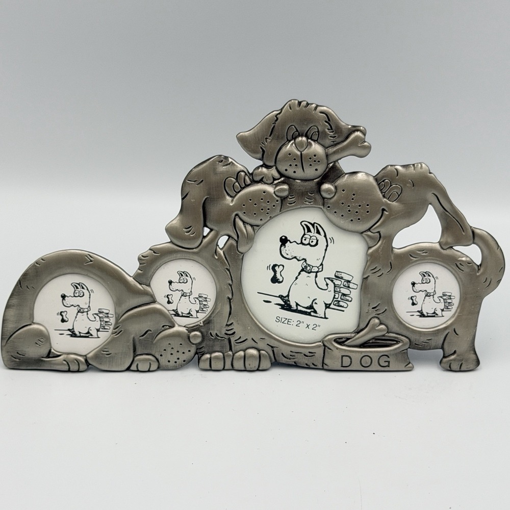 Dog Picture Frame Collage Pewter Tone‎ Cartoon Puppies Bone Bowl Multi Photo